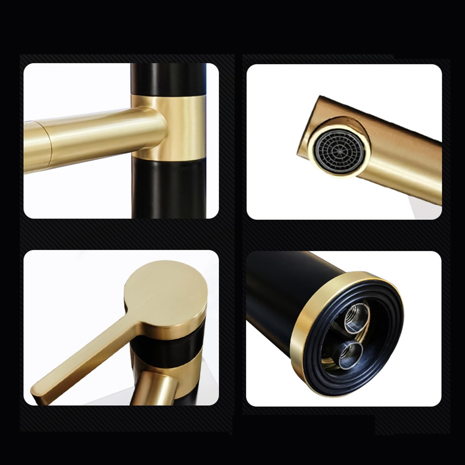 Grifo Lavabo en Cascada Fregadero de Un Solo Orificio de Agua Fría Y Caliente de Acero Inoxidable Grifo de Lavabo Giratorio de 360° Monomando Negro + Dorado Alto Grifo de Lavabo para Baño