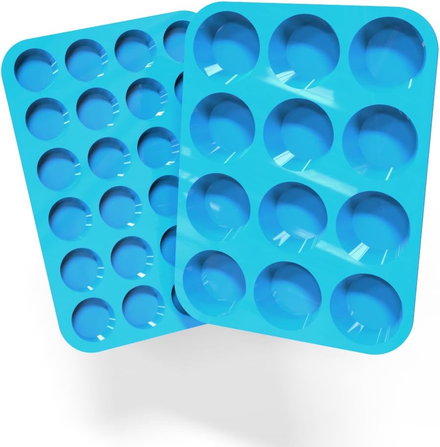 Silicone Muffin and Cupcake Pans – Set of 2 | Cake Molds | Large (12) and Mini (24) | Easy to Clean Non Stick Bakeware | BPA Free and Dishwasher Safe by Lucentee