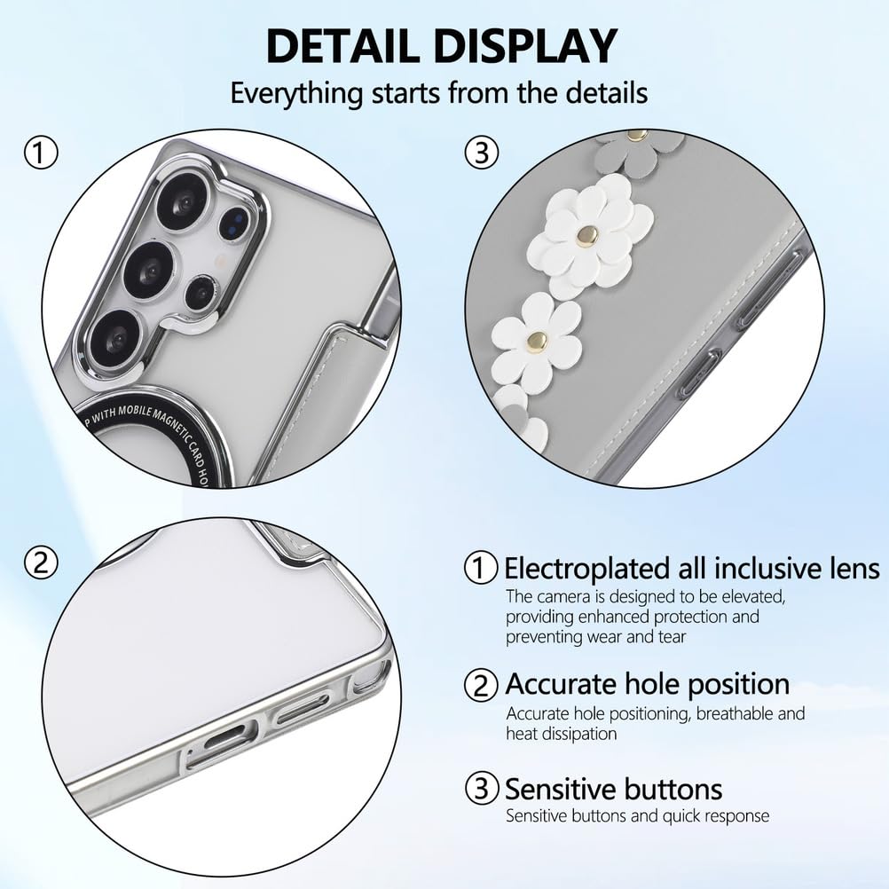 Etui z portfelem do Samsung Galaxy S25 Ultra/S25 Plus/S25, kwiatowy wypukły skórzany pokrowiec z klapką galwanizowane bezprzewodowe ładowanie przezroczysta obudowa, srebrny, S25 Plus