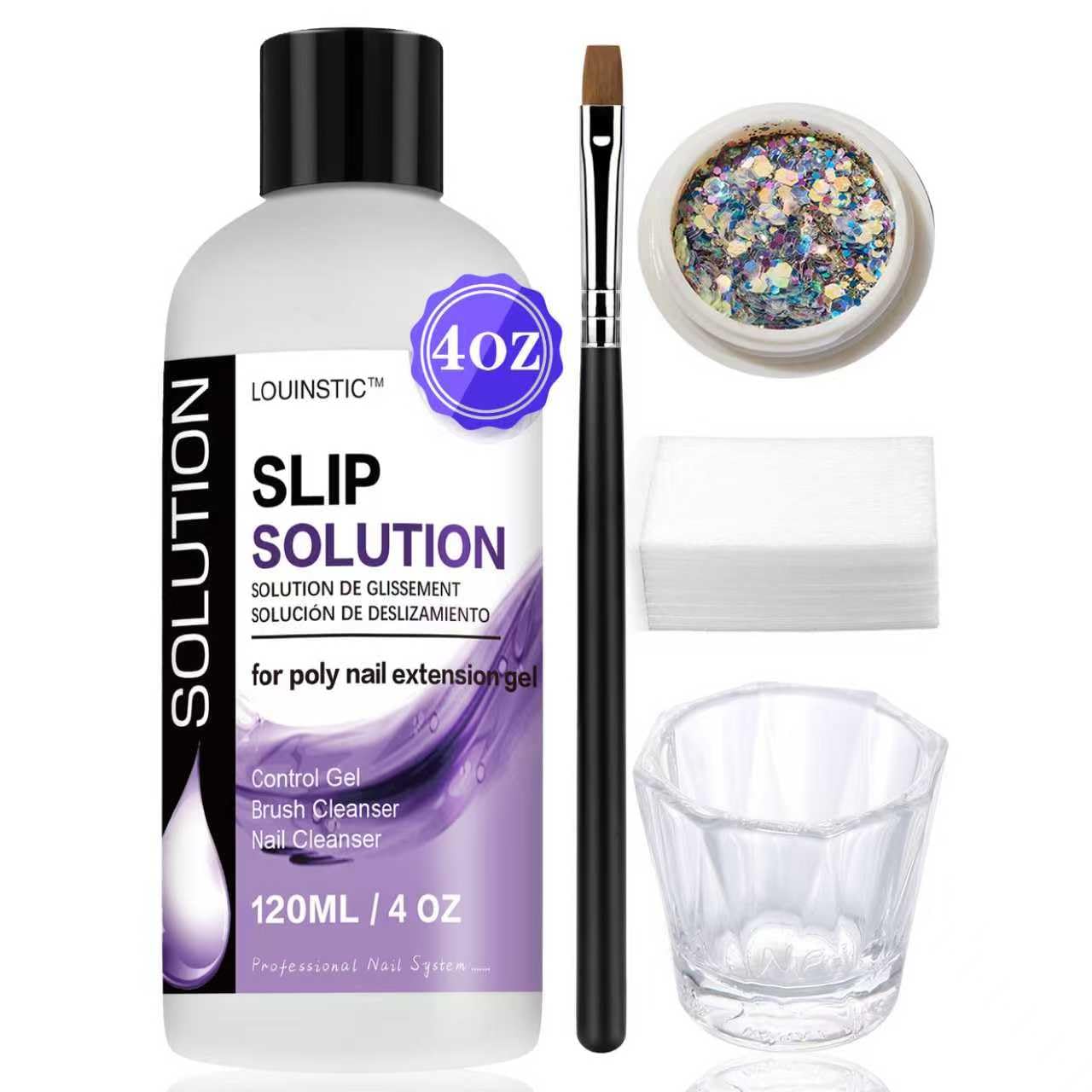 LOUINSTIC Poly Nail Gel Slip Solution - 4oz Slip Solution for Poly Nail Extension Gel, Anti-Stick Slip Solution for Nails, Brush Clean Liquid, Easy to Use, Beginners, Home Salon