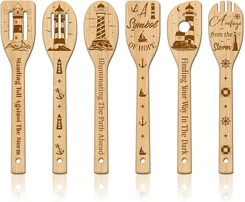 GLOBLELAND Juego de 6 cucharas de cocina de bambú de faro de verano, gaviota, juego de cucharas de cocina grabadas de madera, juego de espátulas de