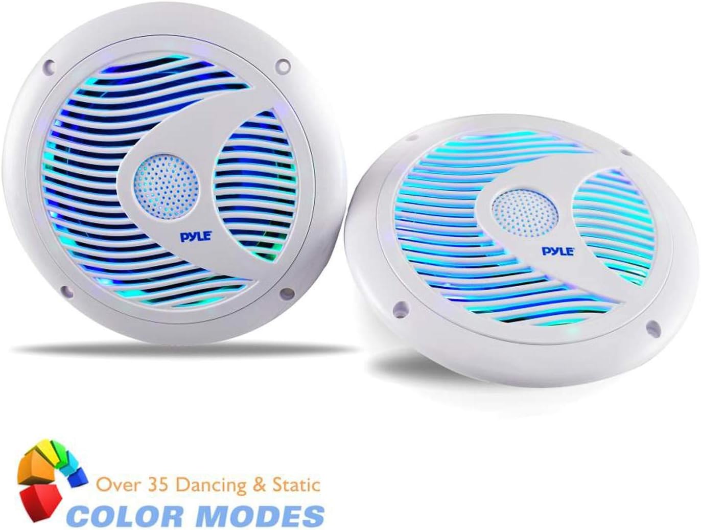 Pyle 6.5 Inch Dual Marine Speakers - IP44 Waterproof and Weather Resistant Outdoor Audio Stereo Sound System with Built-in Led Lights, 150 Watt Power and Polypropylene Cone - 1 Pair (White)