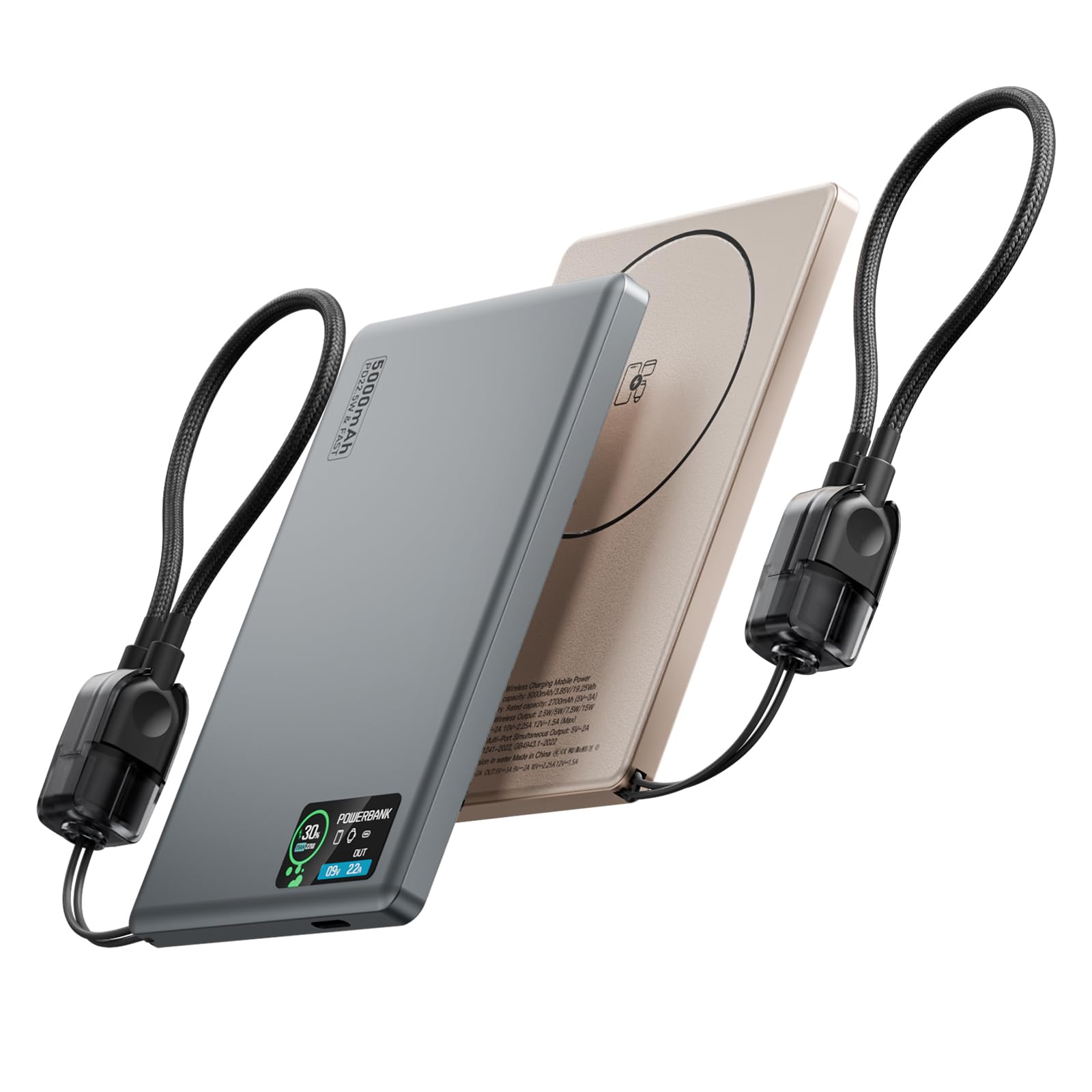 [Paquete de 2] Cargador portátil para iPhone, batería USB C de 5000 mAh, cargador de teléfono esencial de viaje, cable integrado y soporte plegable, carga rápida de 22.5 W para iPhone 16 (gris glaciar