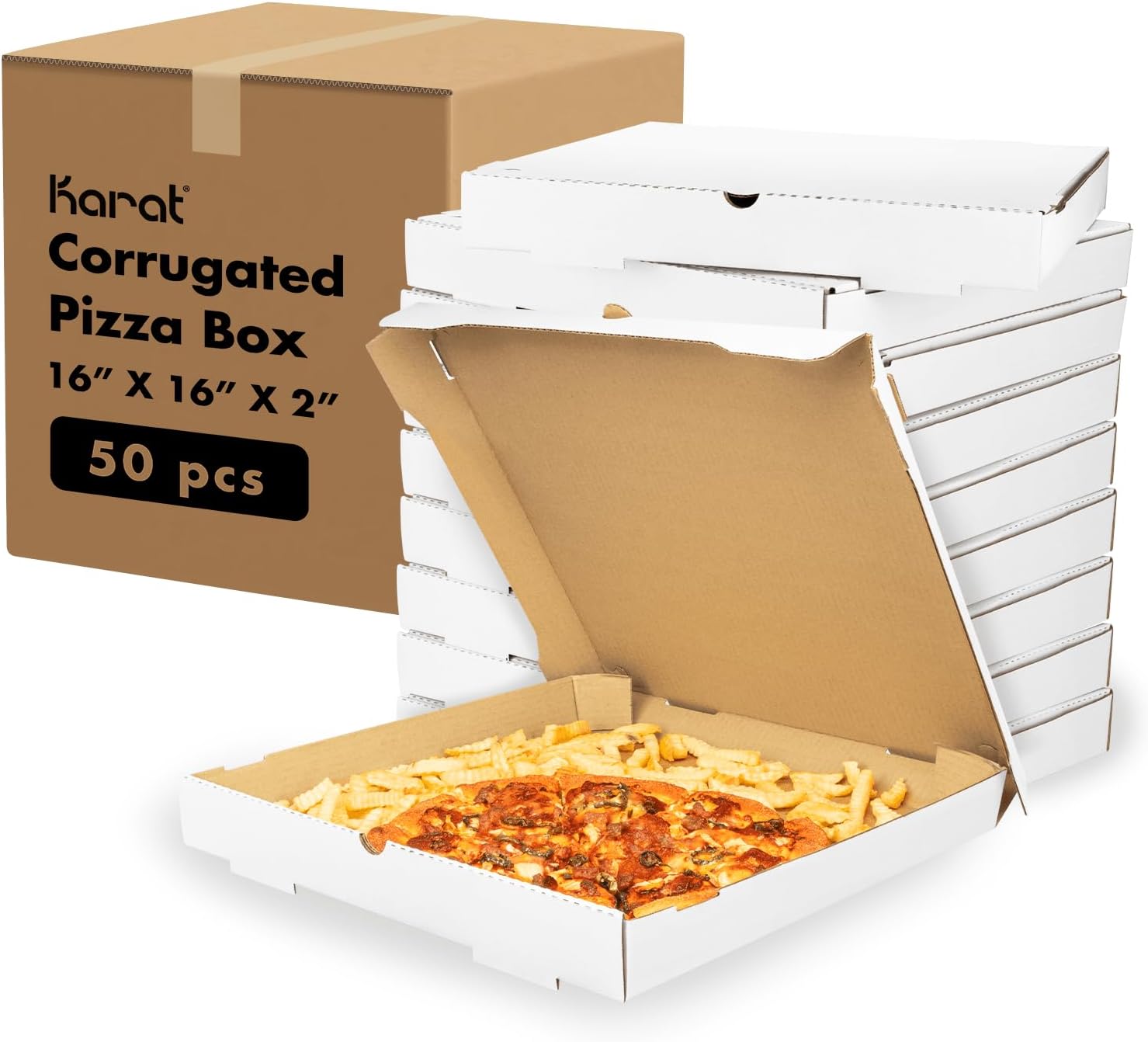 Karat Pizza Boxes 16" x 16" [50 Pack] White Corrugated Boxes | Ventilated, Grease-Resistant, Durable for Pizza or Mailing Use