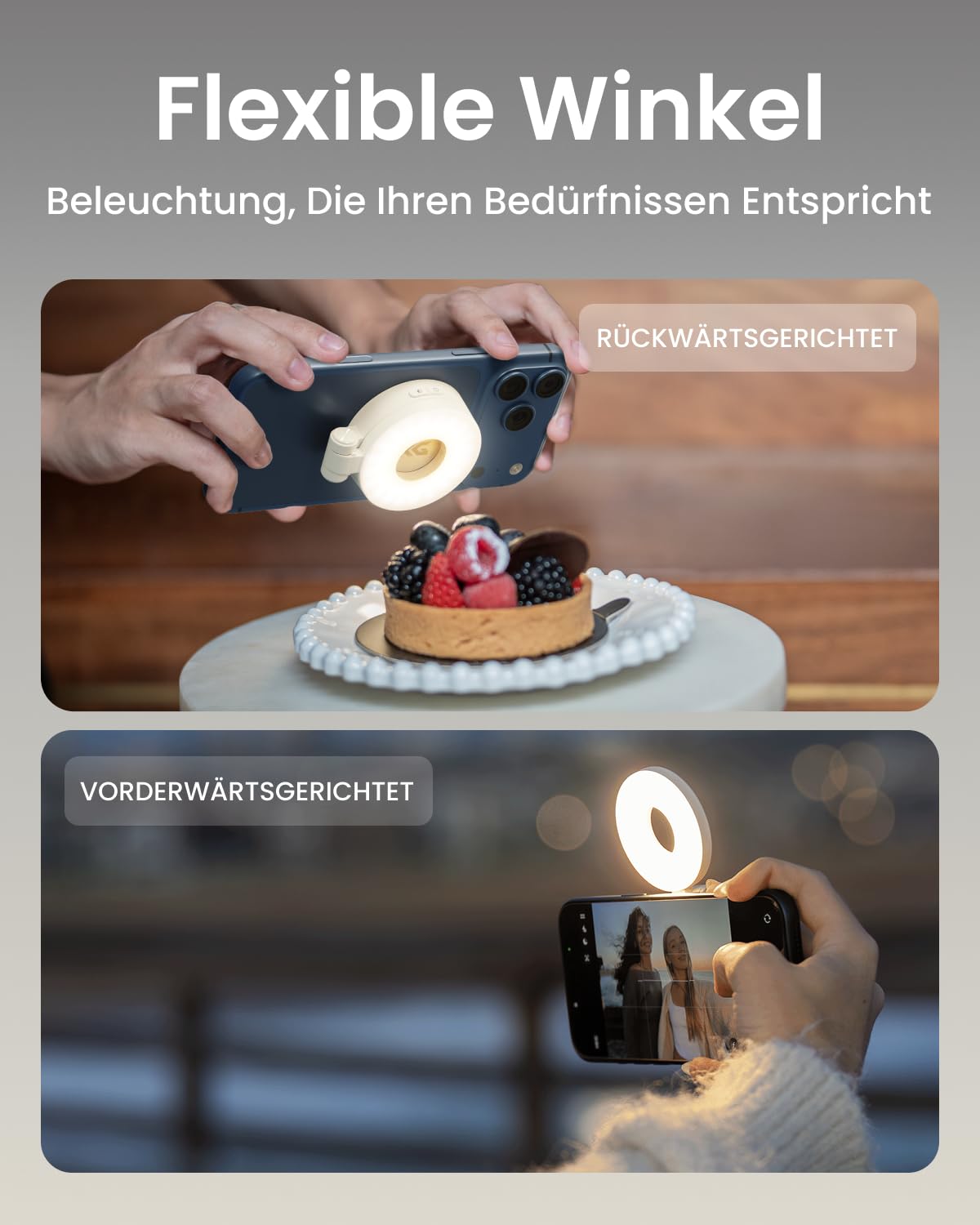 KraftGeek Magnetische Selfie Licht Kompatibel mit Magsafe, Tragbares LED Handy Licht für iPhone/Android, Wiederaufladbares Ringlicht Handy für Selfie/Vlog/Fotografie/Reisen, Weiß