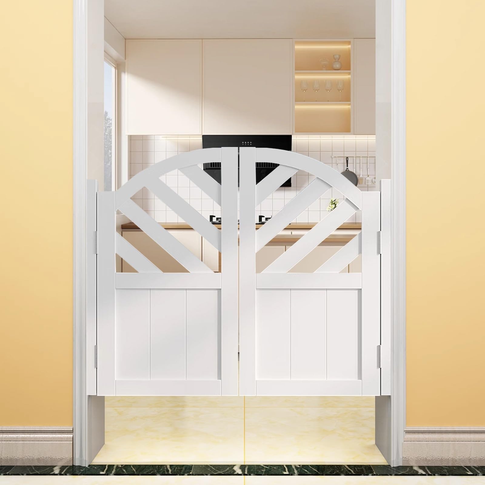Porte a battente in legno di pino, stile saloon a mezza vita, con cerniere a chiusura automatica e ferramenta, per cucina, bar, corridoio, porta divisoria interna, finitura bianca, 90 x 100 cm