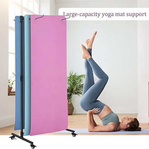 Miniatura 8 de Soporte para colchoneta de yoga colgante, carrito de almacenamiento de metal de doble cara sobre ruedas, estante para pilates de pie para gimnasio