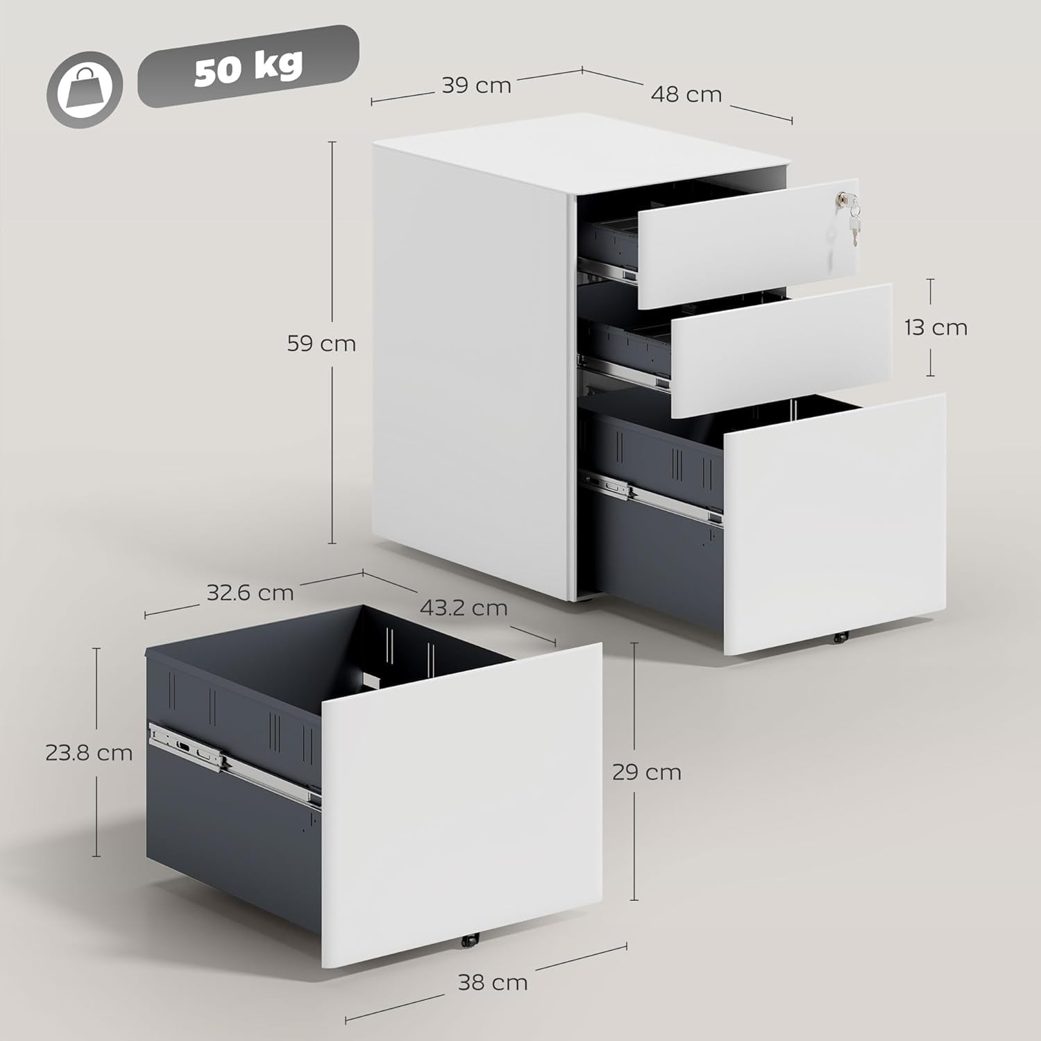 Mobile - Cassettiera in acciaio con serratura sotto la scrivania, per documenti A4 e documenti legali, organizer compatto bianco per casa e ufficio, pre-assemblato, 9 x 48 x 59 cm