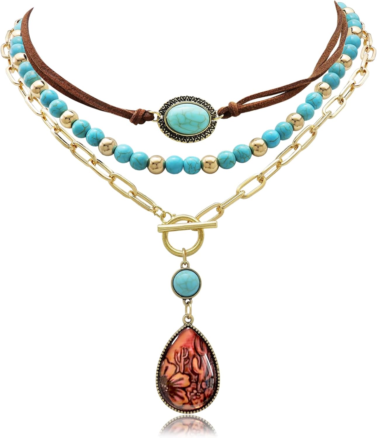 3 Pcs Layered Western Cowgirl Necklaces for Women Boho Turquoise Beaded Western Jewelry Rhinestone Cowboy Hat Boots Ox-Head Pendant Choker Paperclip Chain Cowboy Chic Country Accessory