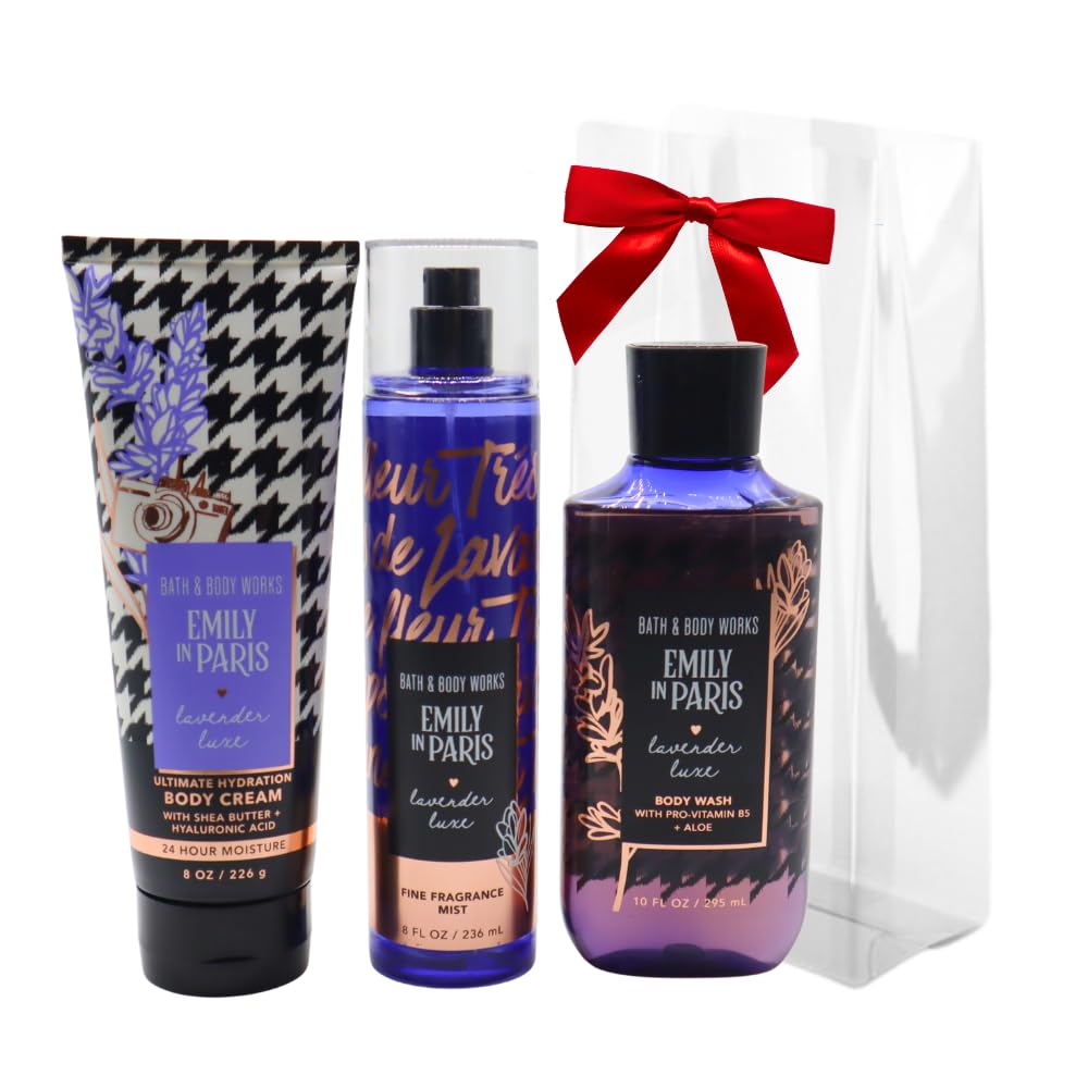 Bath & Body Works Emily in Paris Collections LAVENDER LUXE 3pc Gift Set with a Red Bow for Holidays – Body Cream, Fine Fragrance Mist & Body Wash – Full Size