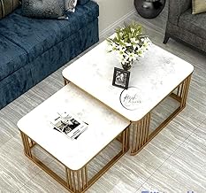 RIZIK STORE™ Iron Frame Handmade Square 20"x20" Coffee Table/Nesting Table/Side Table/Center Table with Marble MDF White Top for Living Room/Drawing Room/Balcony Gold (White) (Set of 2)