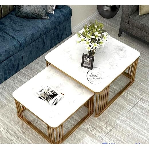 RIZIK STORE™ Iron Frame Handmade Square 20"x20" Coffee Table/Nesting Table/Side Table/Center Table with Marble MDF White Top for Living Room/Drawing Room/Balcony Gold (White) (Set of 2)