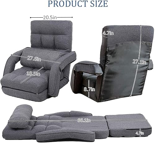 Miniatura 21 de FLOGUOR Silla de suelo, tumbona para interiores, sofá perezoso plegable ajustable de 14 posiciones con reposabrazos y una almohada, sillas