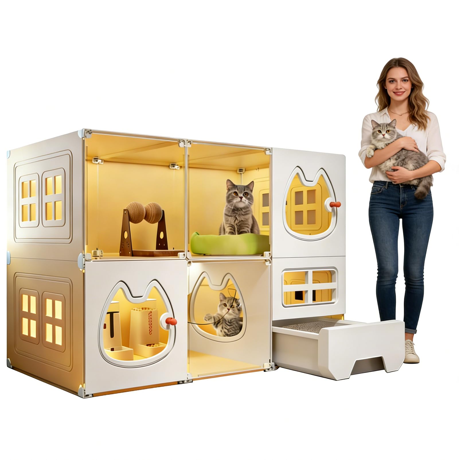 Jaulas para Gatos de 2 Niveles para Interiores Grandes con Inodoro para Gatos, Jaula para Gatos Grande, Paneles de Valla de Jaula para Gatos, Corral de Juegos DIY para Gatos, Recinto para Gatos en
