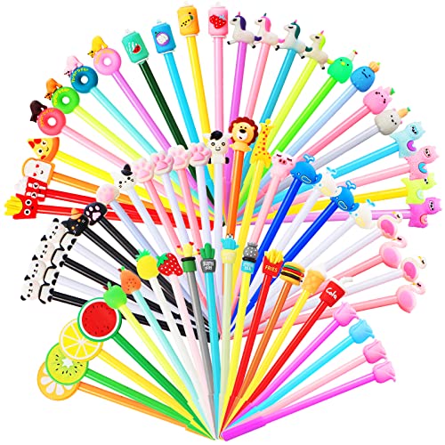 68 Pack Cartoon Gel Black Ink Pens 0.5 mm Assorted Styles Writing Pens Animal Fruit Food Cute Pens Colorful Kawaii Pens Novelty Fun Pens for Home School Office Supplies