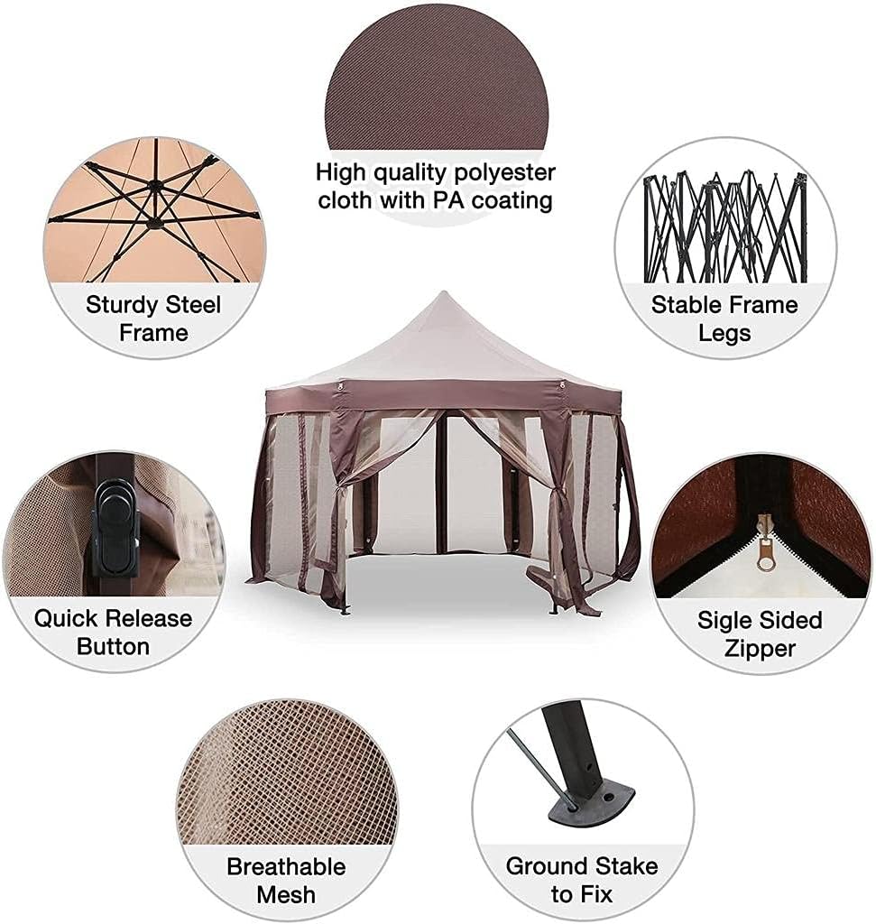 12' x 12' Outdoor Metal Pop up Waterproof 6 Door Gazebo with Netting - 6 Door Canopy Patio Tent with Iron Frame