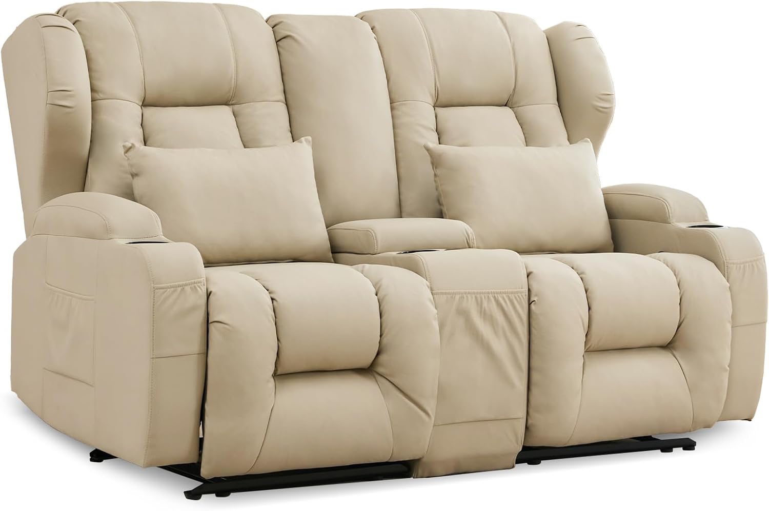 TUNYI Manual Loveseat Recliner Sofa - Reclining Loveseat Sofa Chair with Console, 2 Seater Reclining RV Couch Home Theater Seating for Living Room, Home Theater (Beige)