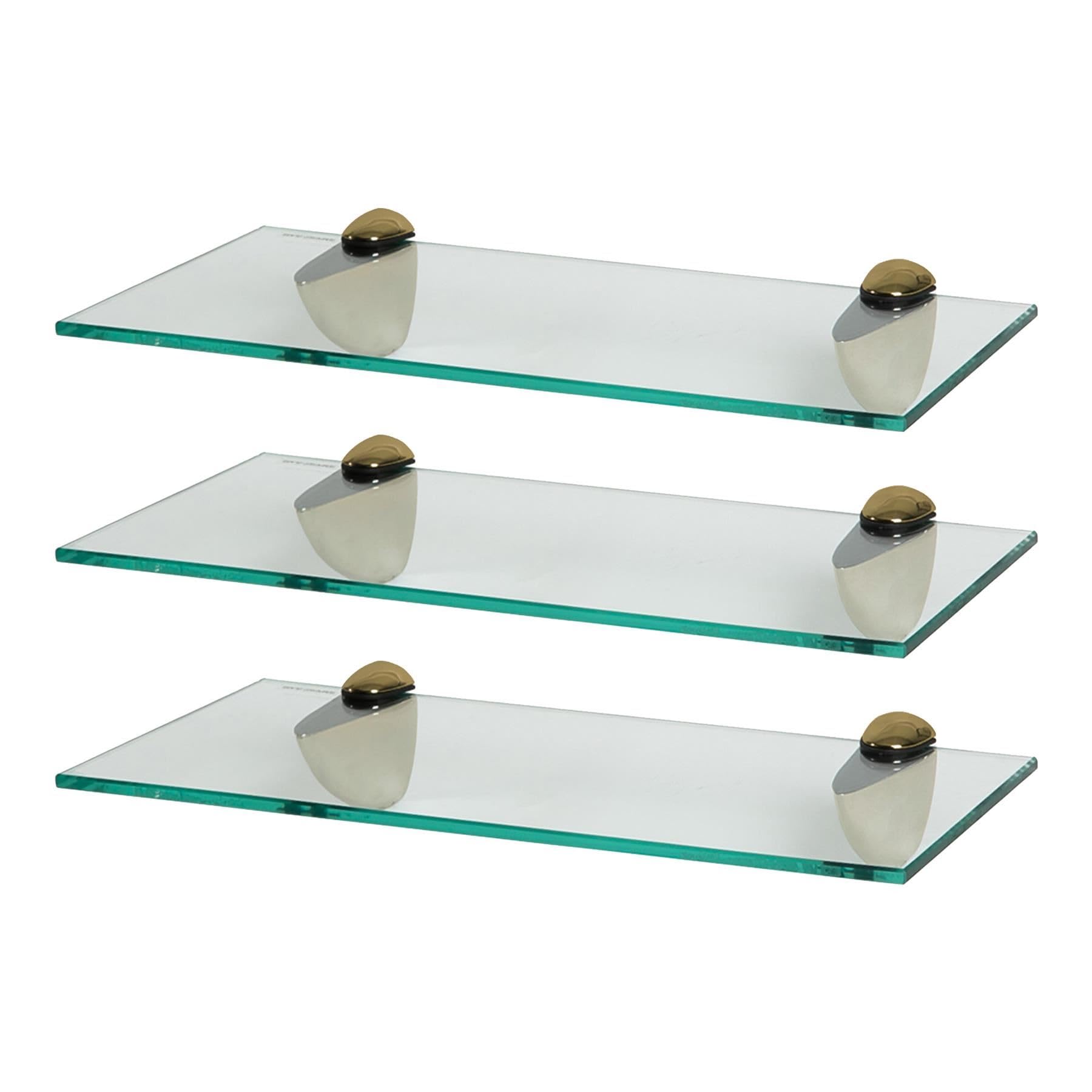 Harbour Housewares Floating Glass Bathroom Shelves - 40cm - Clear/Gold - 3x Wall-Mounted Kitchen Bedroom Shower Room Décor Caddy Towel Storage Organiser Shelving Rack with Brackets