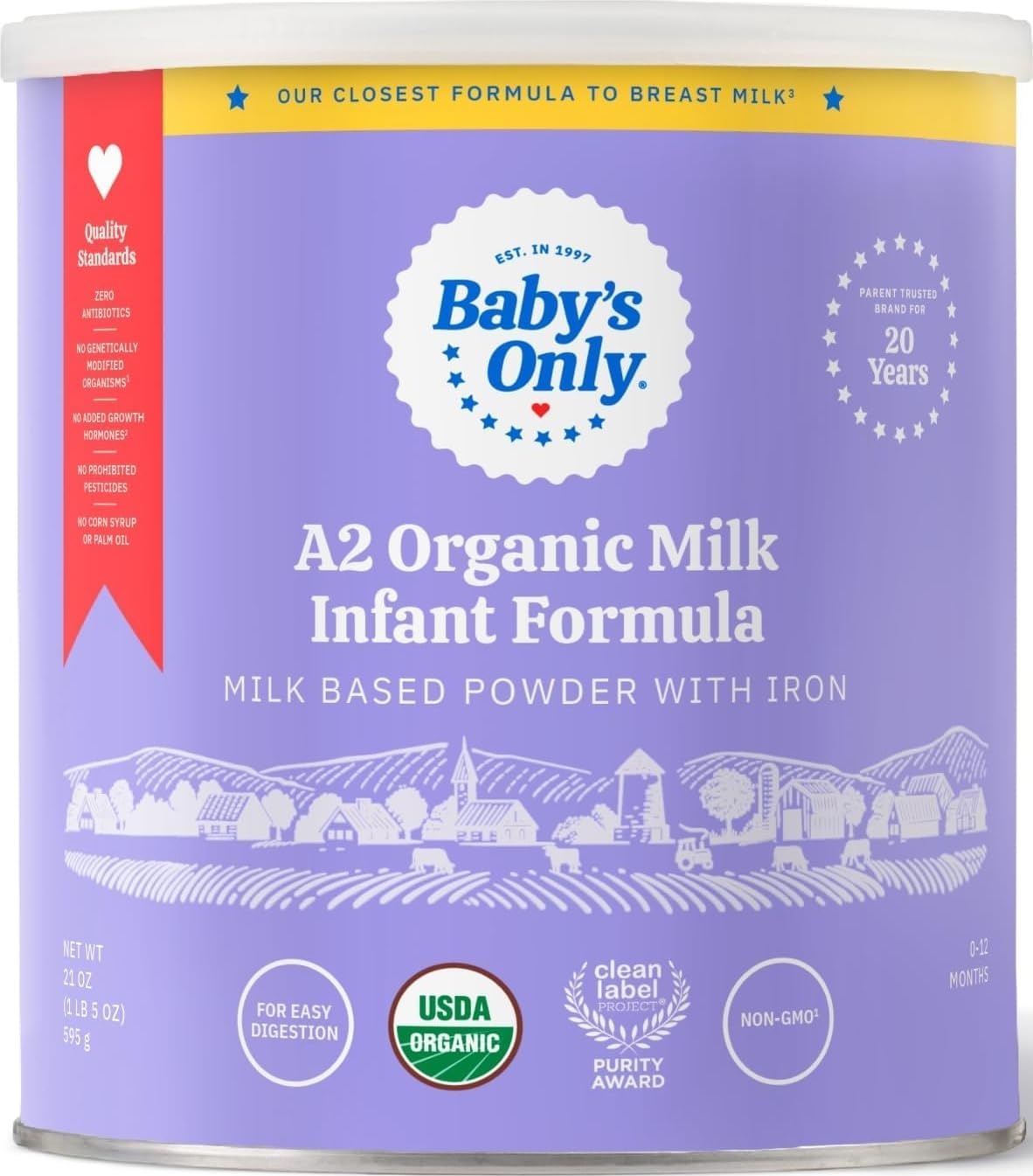 Baby's Only A2 Organic Milk Infant Formula, A2 Milk Based Powder, Organic Baby Formula with A2 Beta-Casein Protein, Iron, Vitamin E, Vitamin D, Easy to Digest, Newborn to 12 Months Old, 21 oz, 1 Pack | With A2 Beta-Casein Protein, Vitamin E, Vitamin D, Easy to Digest, Newborn to 12 Months