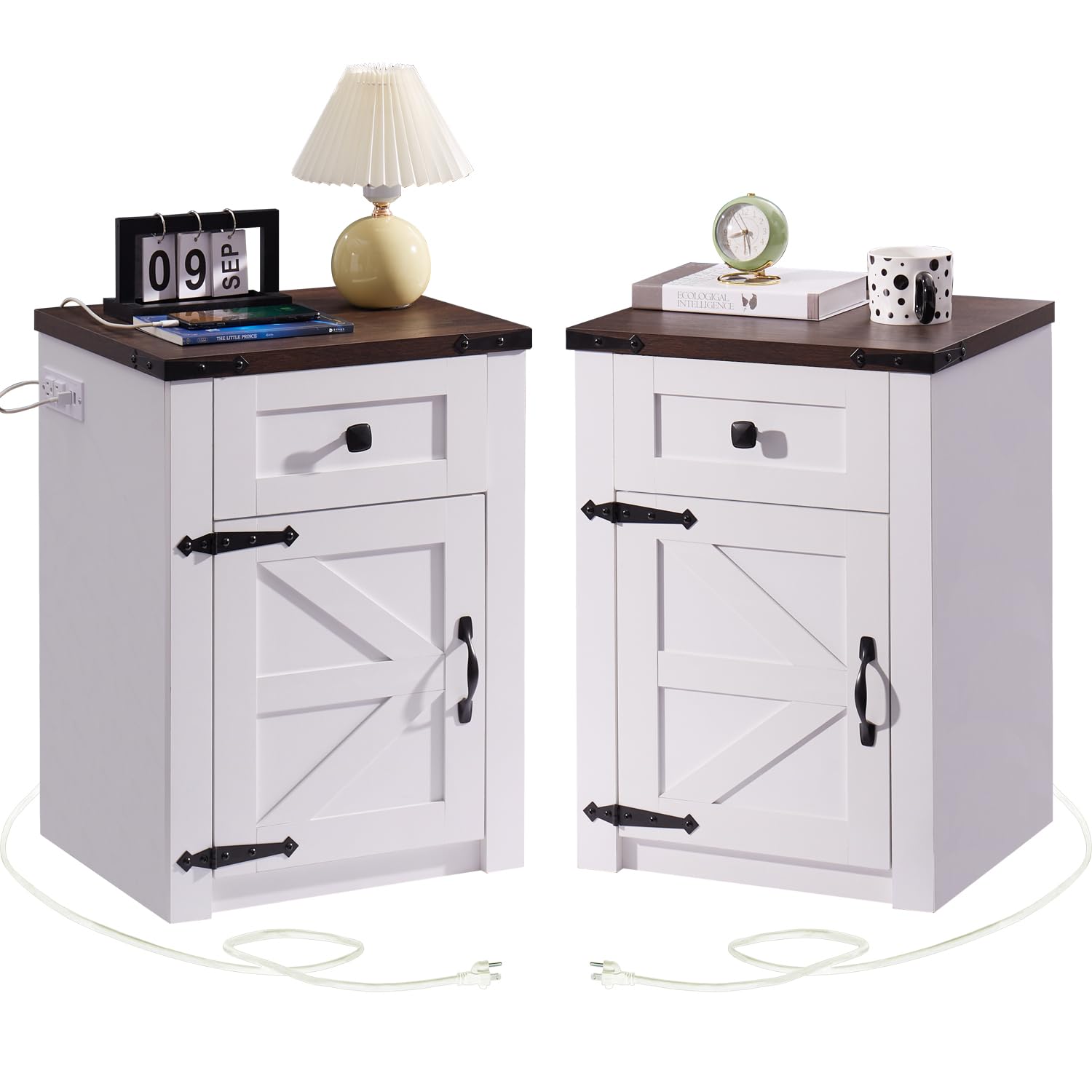 SOOWERY Nightstands Set of 2, Nightstand with Charging Station, Farmhouse End Table with Barn Door and Drawer, Rustic Wood Sofa Side Table for Bedroom
