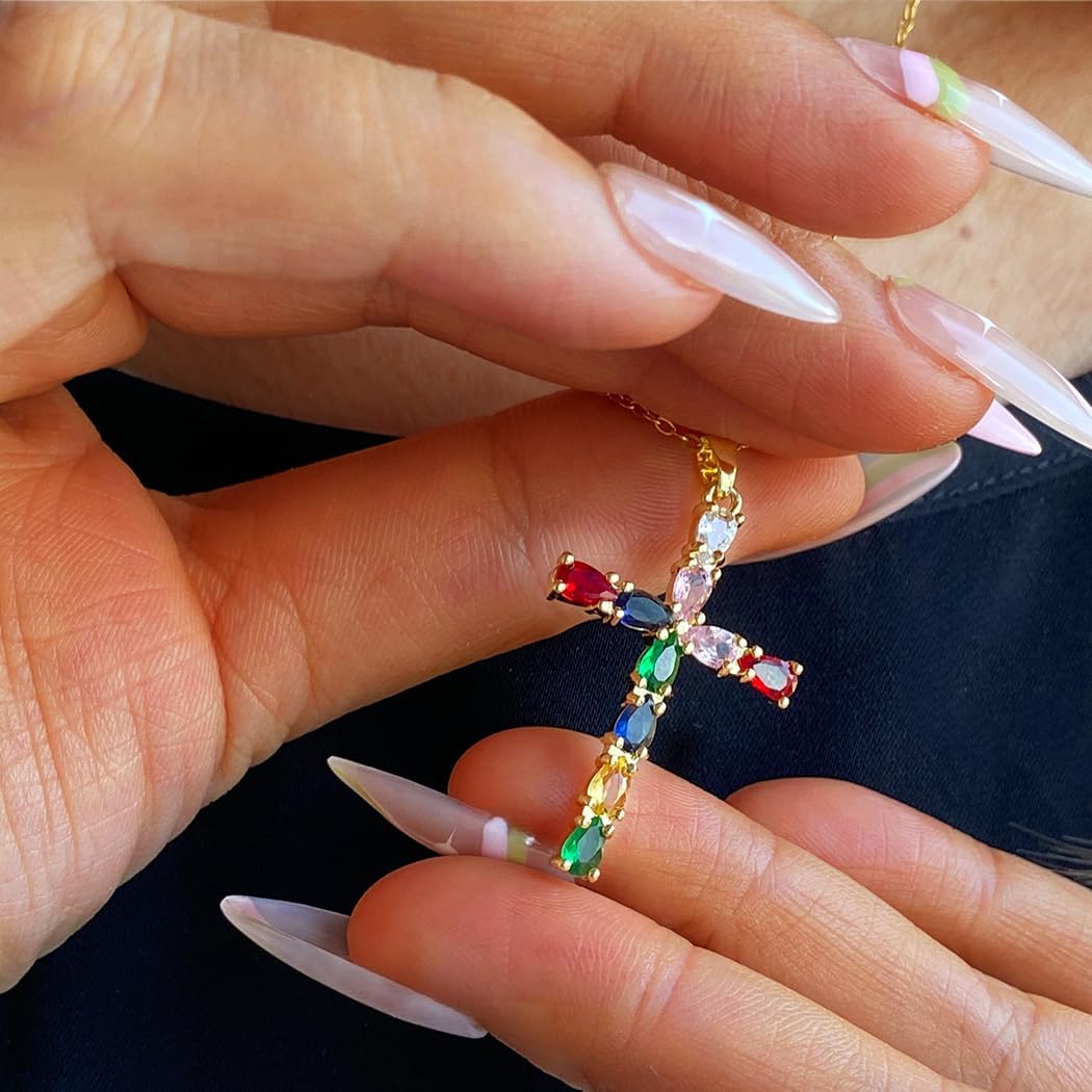 Gold Cross Rainbow Necklace Cross Faith Pendant Necklaces Colored Crystal 18K Gold-plated Exquisite Pendant Prayer Religious Jewelry for Women - Image 6