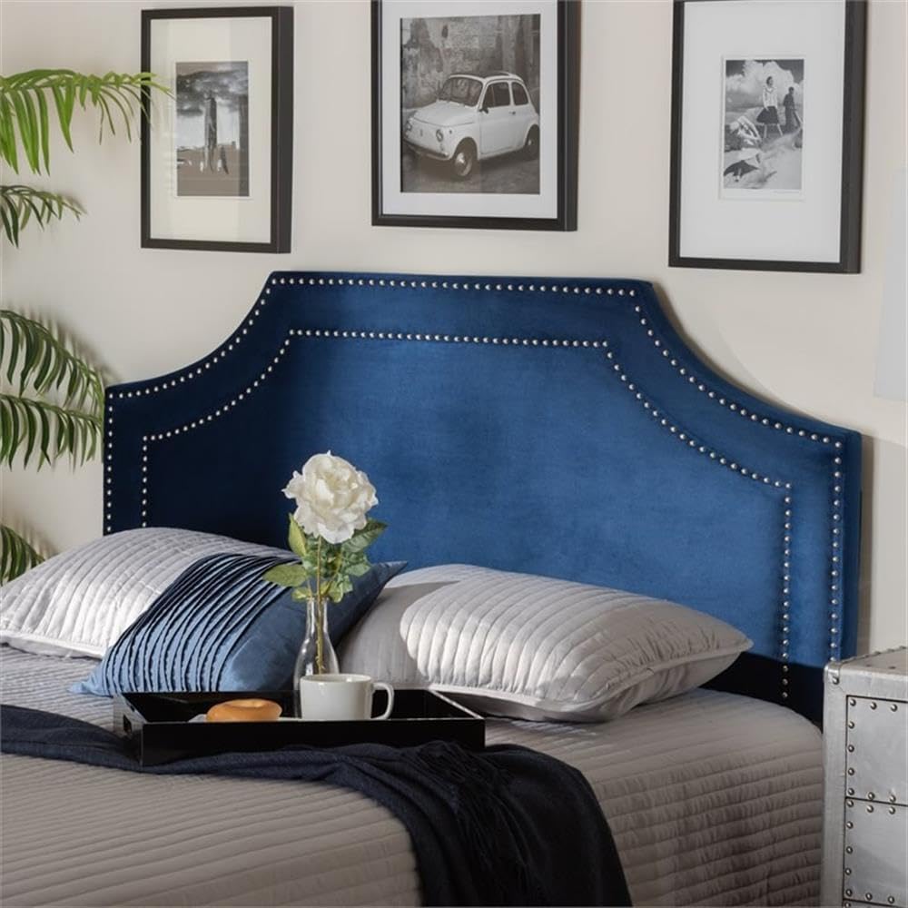 BOWERY HILL Modern Velvet and Wood Queen Headboard, Navy Blue Upholstery, Scooped Silhouette with Silver Nail Heads, Adjustable Height, Elegant Bedroom Furniture, Contemporary Design
