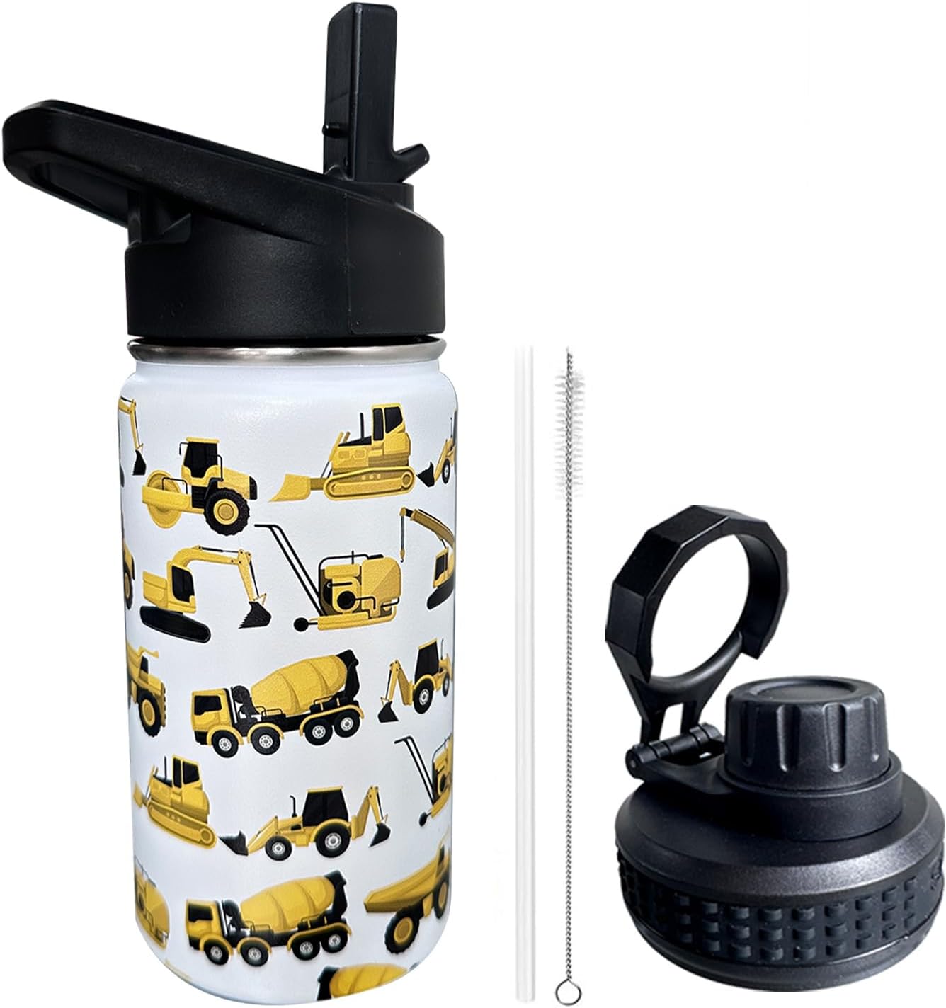 Construction Truck Excavator Bulldozer Kids Water Bottle for School with Straw Lid,12oz Stainless Steel Insulated Water Bottle for Boys & Girls,Leak Proof Lid with Handle & Touch Free Spout (A01)