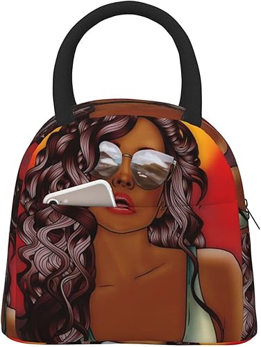 Fiokroo Bolsa de almuerzo aislada con aislamiento para niñas afroamericanas, reutilizable, impermeable, bolsa de almuerzo para escuela, trabajo,