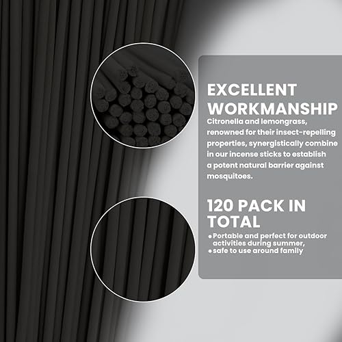 Miniatura 6 de Paquete de 120 varillas repelentes de mosquitos, varillas de incienso de citronela sin Deet, a base de plantas, para uso en interiores y exteriores