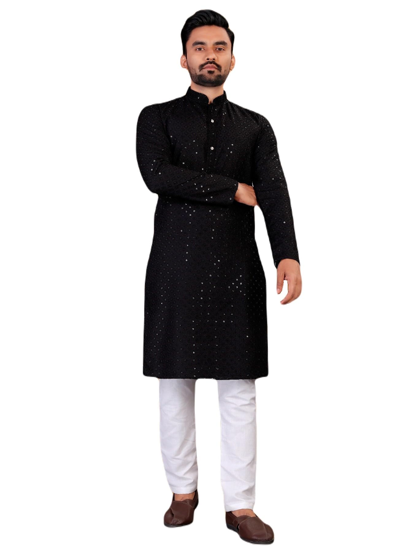 Men's Cotton Silk Sequence Embroidery Kurta with Mandarin Collared Neck Button Down Full Sleeves Straight Knee Length | Kurta Pajama Set for Men Cotton Wedding-image-30