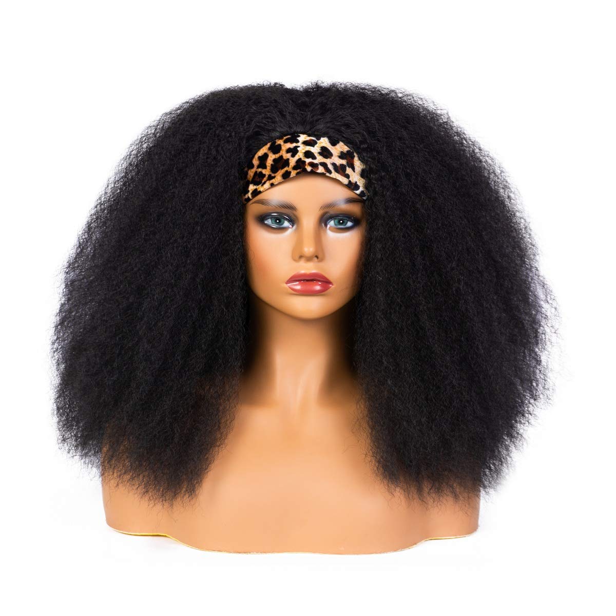 Curly Afro Wig, Kinky Straight Headband Wig, Fluffy Yaki Leopard Print Turban Headband Wig for Black Women Synthetic Wig, Bouncy Soft Premium Hair Wig for Party or Daily (Leopard Print Headwrap Wig)