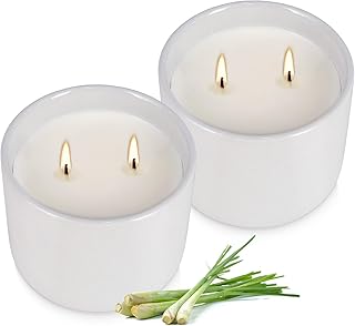 2-Pack Large Citronella Scented Candles - White Ceramic Double-Wick, Natural Soy Wax, Decorative Geometric Jar for Patio, Garden & Outdoor Decor
