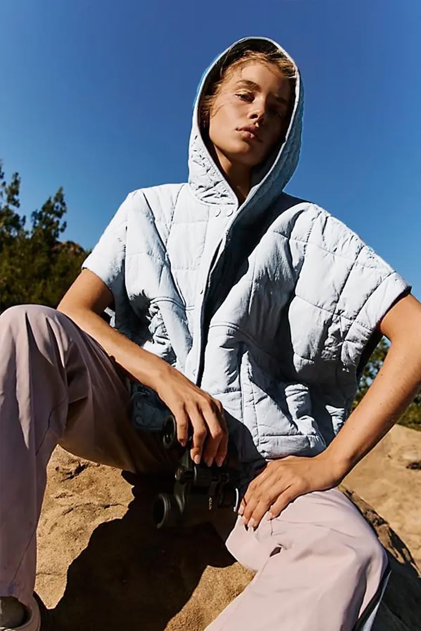 Women's Quilted Puffer Vest with Zip Up Hoodie Oversized Short Sleeves Jacket Casual Outdoor Gilet Outerwear - Image 2