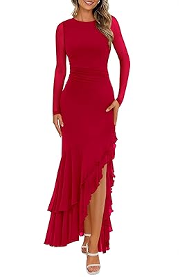 BTFBM Women's Maxi Dresses Spring 2026 Long Sleeve Ruched Bodycon Solid Ruffle Mermaid Cocktail Wedding Guest Dress