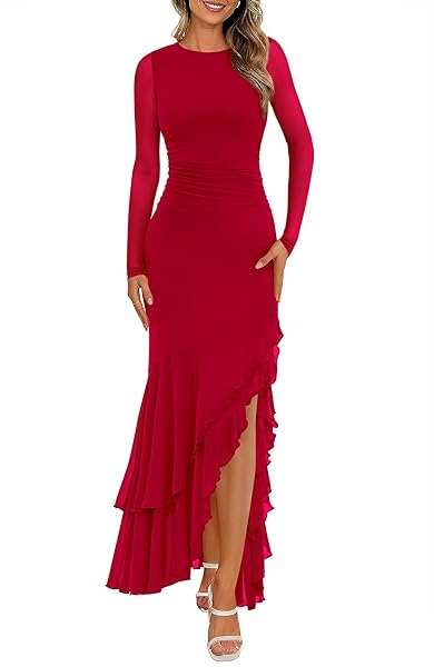 Amazon.com: BTFBM Women&#x27;s Maxi Dresses Spring 2026 Long Sleeve Ruched Bodycon Solid Ruffle Mermaid Cocktail Wedding Guest Dress(Red,X-Large) : Clothing, Shoes & Jewelry
