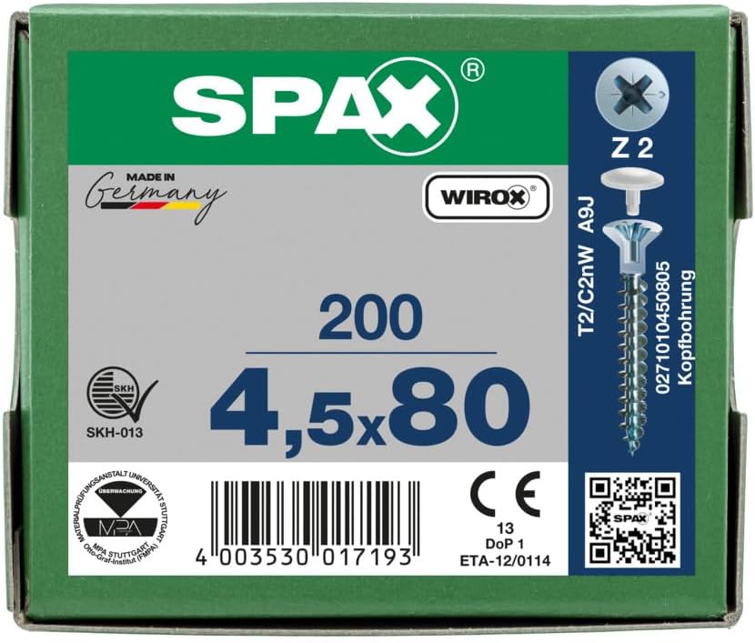 SPAX WIROX A3J 0271010450805 Universal Screw with Head Bore 4.5 x 80 mm Pack of 200 Phillips Z2 Small Countersunk Head Diameter 5 mm Fully Threaded