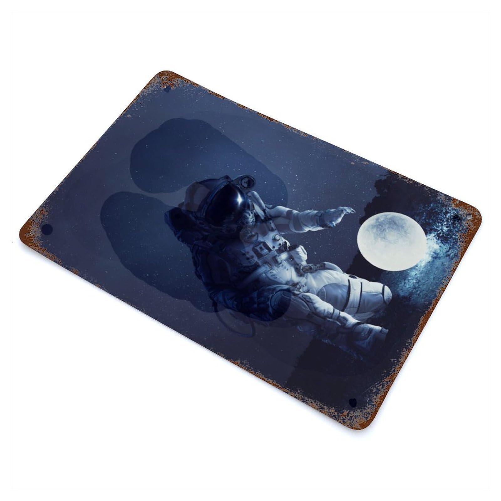 Garage Style Astronaut And Moon Decorative Tin Sign 11.8"x7.9", Farmhouse Wall Decor for Bar And Workshop