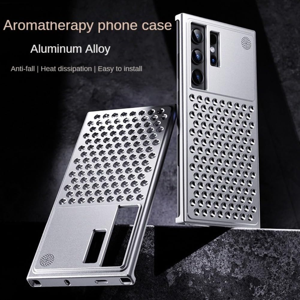 Metal Phone Case for Samsung S24Ultra with Aromatherapy and Hollow Heat Dissipation Design, Frameless and Shockproof Bumper (Gray)