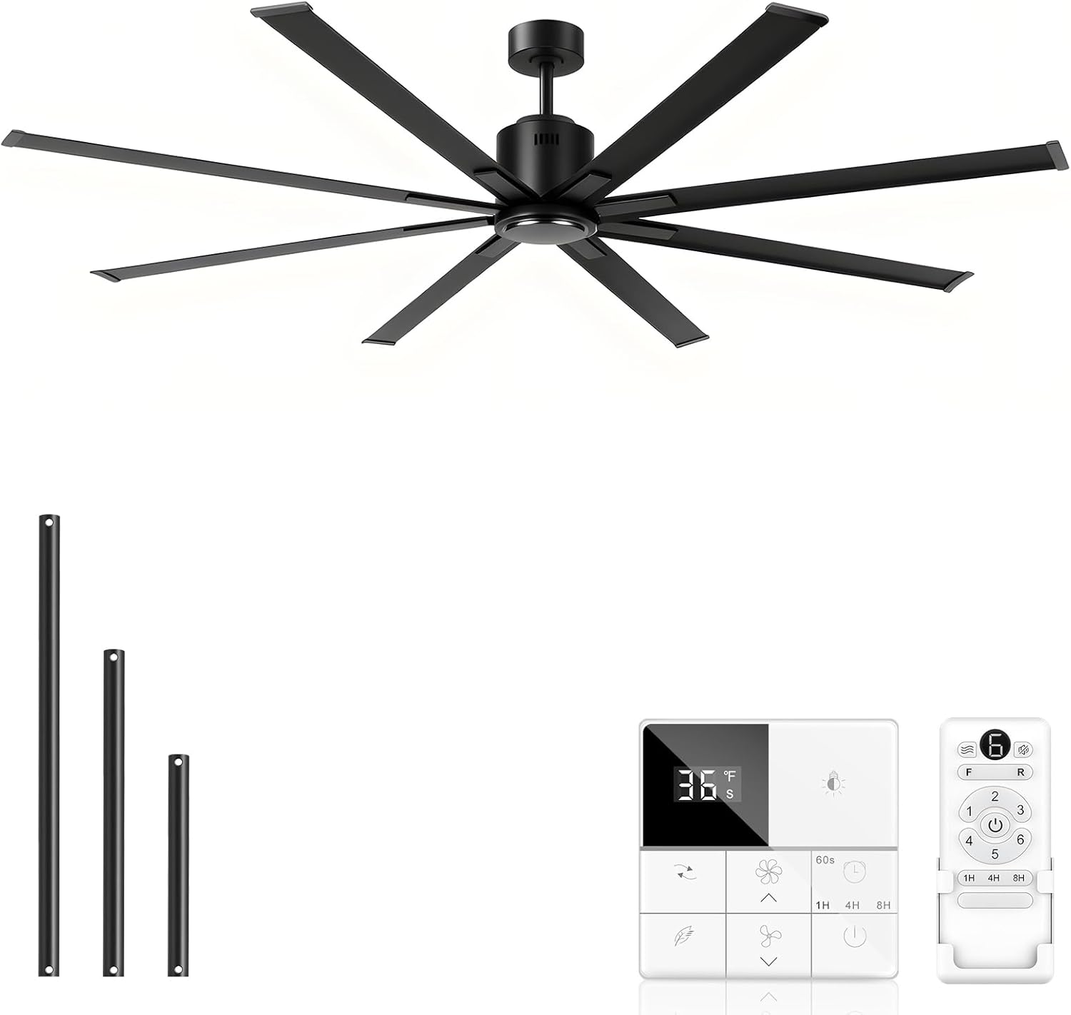 84 Inch Industrial Ceiling Fans No Lights, Large Ceiling Fan with 8 Reversible Blades, Outdoor/Indoor Industrial DC Motor Ceiling Fan with 6-Speed Remote Control for Porch Garage Shop Gym, Black