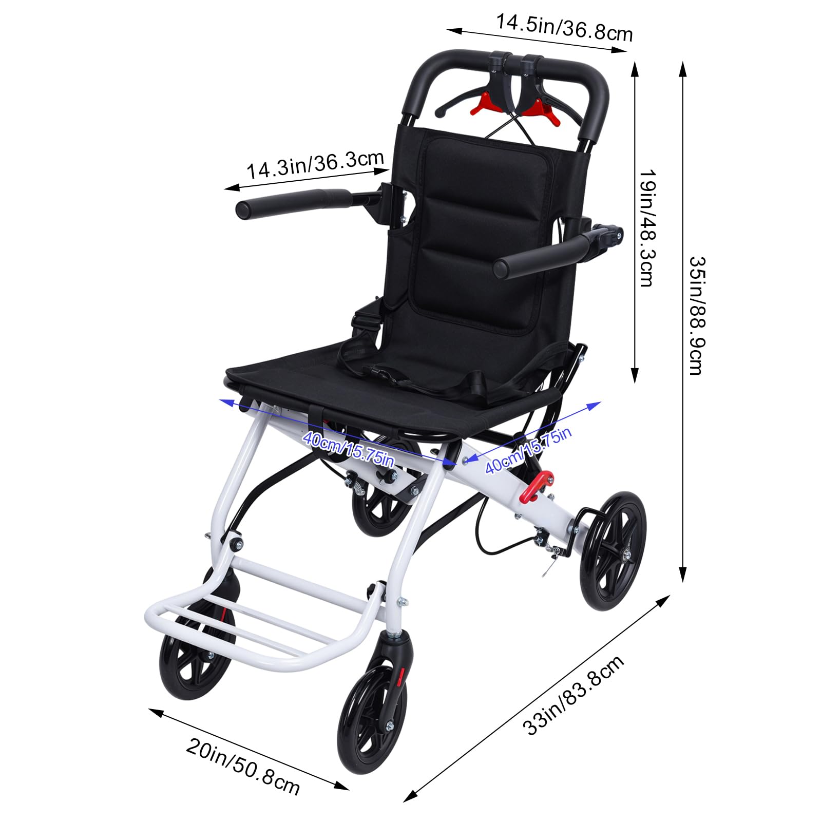 Silla de ruedas plegable portátil, silla de ruedas de viaje ligera para personas mayores con asiento más ancho, mango telescópico, ruedas traseras de 12 pulgadas y cinturón de seguridad, soporta 120