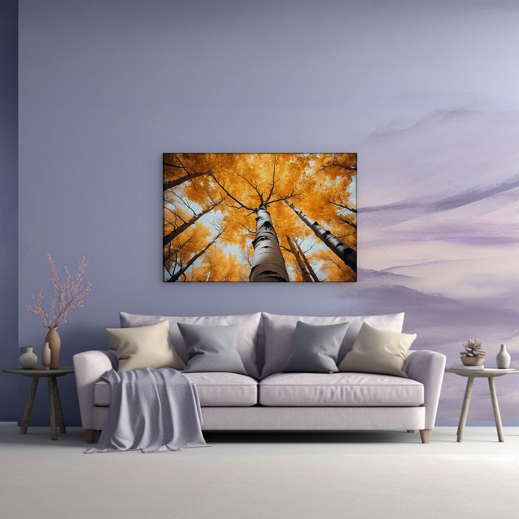 Canvas for Living Room. Autumn's Skyward Embrace: White Trees and a Canopy of Gold, 27 x 18 inch Canvas Wall Art - Contemporary Masterpieces - Modern Home Decor