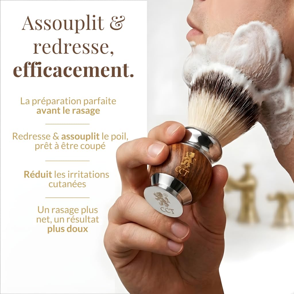 The Cambridge Cut Throat Blaireau Rasage de Haute Qualité pour Hommes en Bois et Acier Inoxydable, Poils Végétaliens Synthétiques