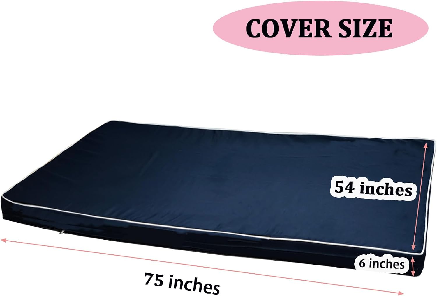 Outdoor Full Size Daybed Cushion Cover for Porch Swing Bed, Cover Only, White Piped Trim Mattress Slipcover Fitted Sheet with Widening Zipper (Black, 75×54×6")