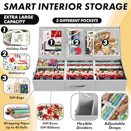 Simple Houseware 41.5" Wrapping Paper Storage Organizer - Fits 40 Rolls with Adjustable Straps, Interior Divider for Ribbons & Bows, 3 Clear Pockets for Gift Bags & Tools, 41.5''L x 16''W, Gray by Simple Houseware - Image 4