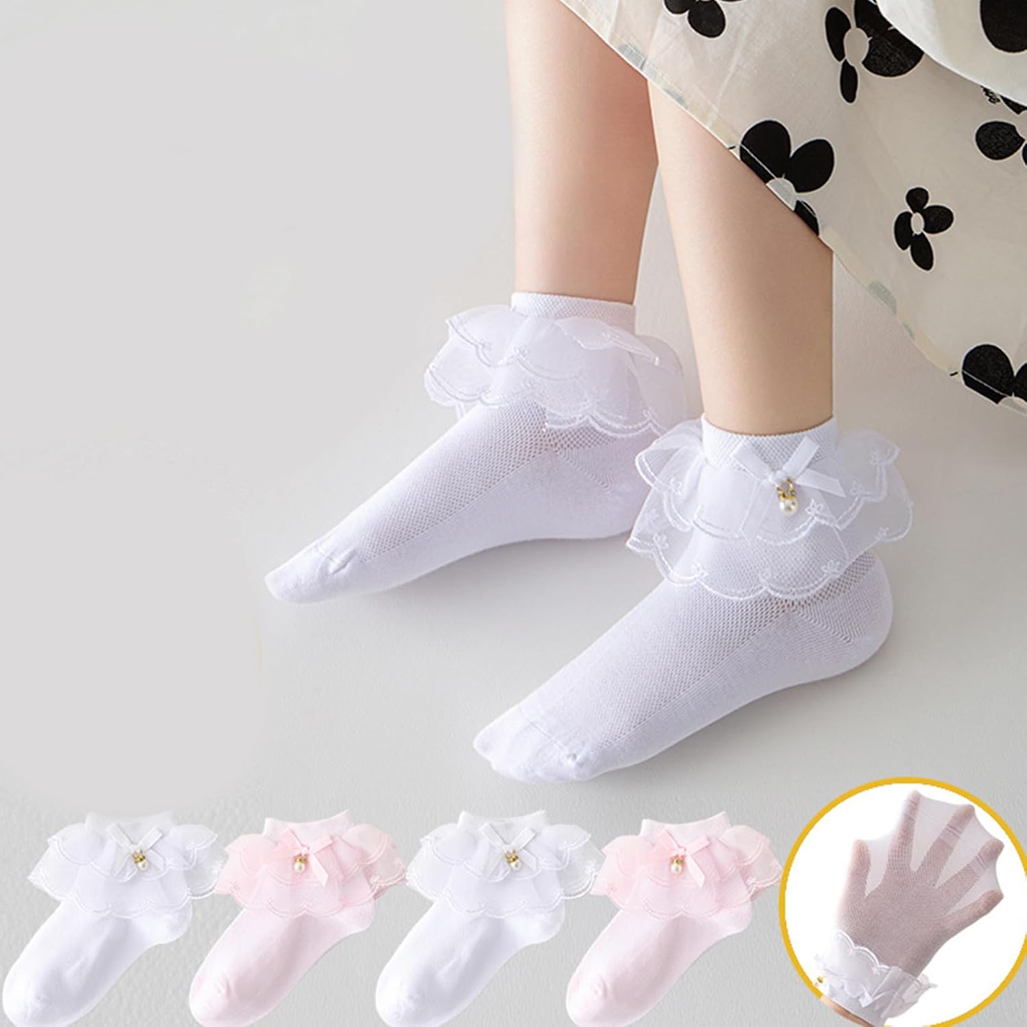 Toddler Socks, Girls Lace Trim Socks Soft Cotton Breathable Design Ankle Sock for Wear Ages 1 to 10+ Years Kids
