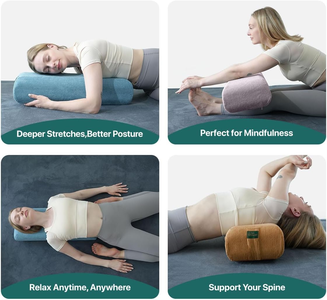Yoga Bolster Pillow for Meditation and Support - Rectangular Foam Cushion with Removable Corduroy Cover, Machine Washable Suede-like Pillowcase & Convenient Carry Handles for Women Blue 1PC