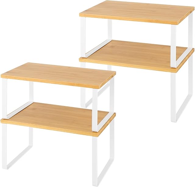 LIANTRAL Kitchen Shelf Organizer for Cabinet, Expandable and Stackable Counter Cupboard Shelf Organizer Set of 4 Wooden Kitchen Storage Shelves for Kitchen, Pantry, Bathroom