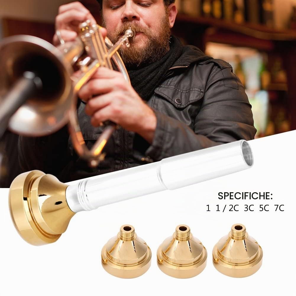 Kit Bocchini per Tromba bassa in ottone – asta placcata argento con 4 pezzi a bocca placcati oro 1 1/2C 3C 5C 7C