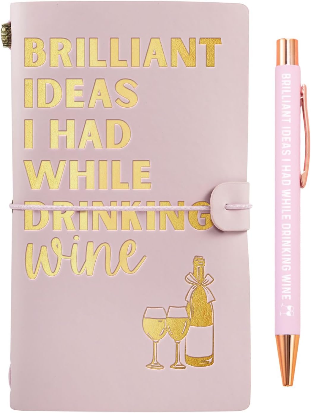 Wine gifts Leather Journal Notebook with Pen, for Wine Lovers, Men, Women on Birthday, Refillable Sketchbook, Travel Diary, Lined Planner, 7x5 Inches, Pink - Brilliant Ideas - Gold foil stamping