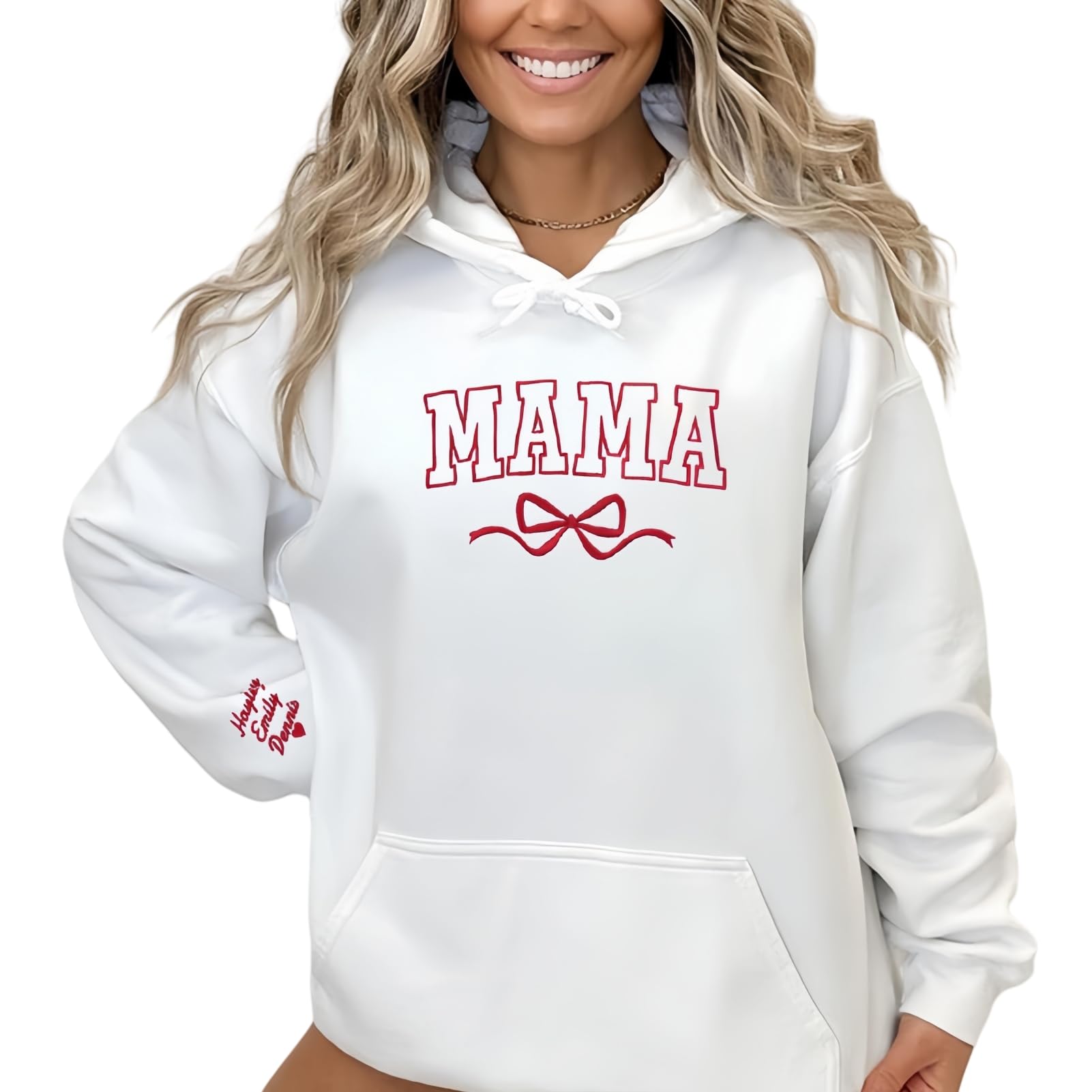 Drawelry Personnalisé Maman Sweat à Capuche avec Nom de l'enfant Cœur Ours Forme Imprimé Manches Longues Femme Hoodie Sweatshirt Fête des Mères Anniversaire Cadeaux pour Mom Mama